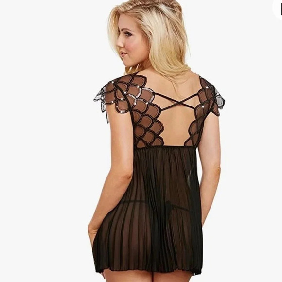 Dreamgirl Size Small Black Womens Sequined Chiffon Babydoll With Matching Panty. - Picture 3 of 4